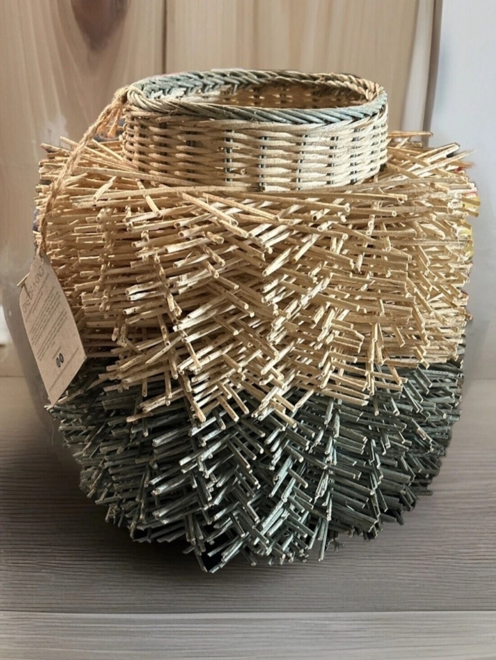NEW Organic Basket Vase Approximately 12x12x12 Seafoam Green and Natural